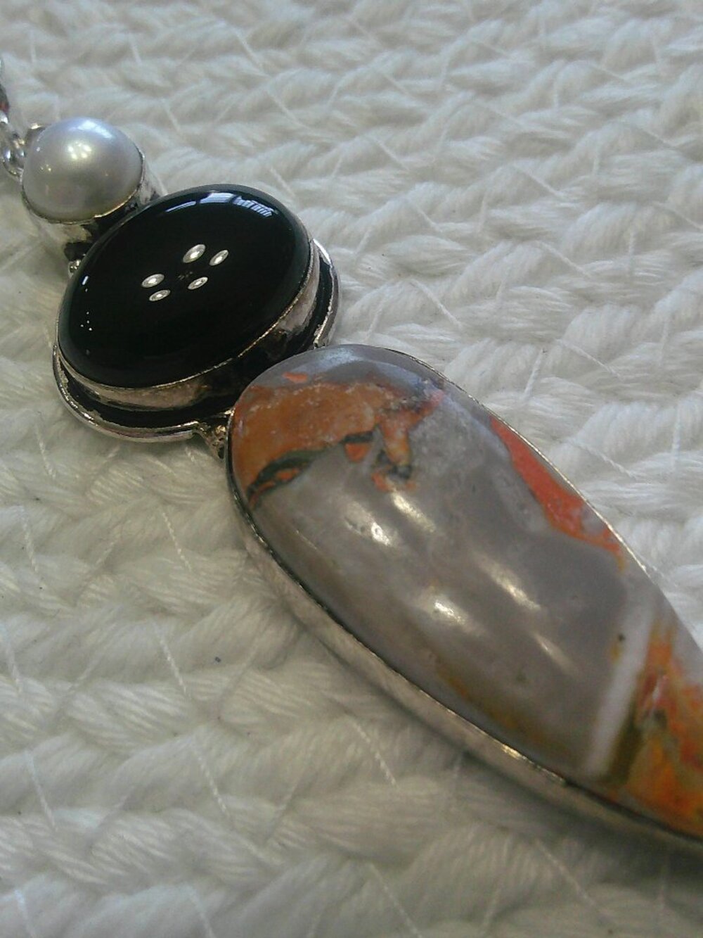 Beautiful BUMBLE BEE JASPER, ONYX & PEARL Handmade Sterling 925 Necklace #369F